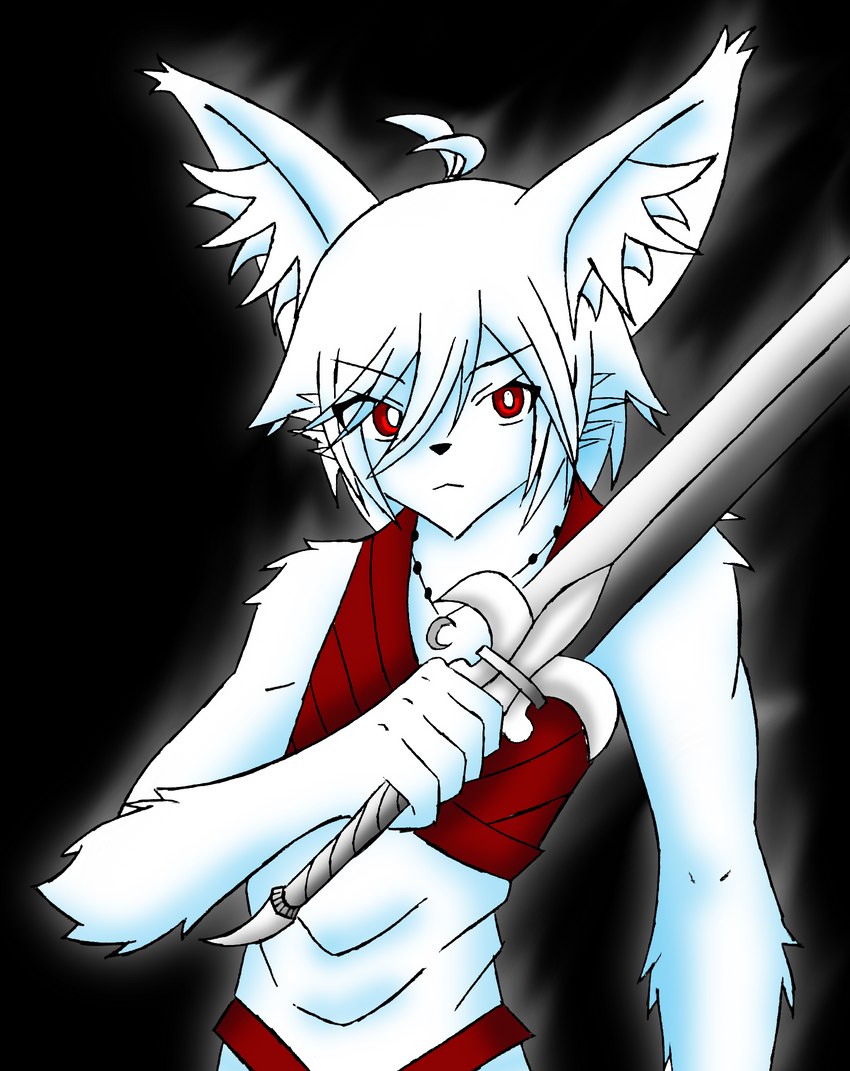 anthro aura black_background clothed clothing fur hair inner_ear_fluff jewelry male melee_weapon necklace pupils red_clothing red_eyes short_hair simple_background sleeveless_shirt solo sword tuft weapon white_body white_fur white_hair white_pupils nikku_lunatique nikku_lunatique_(character) canid canine canis fox mammal hi_res