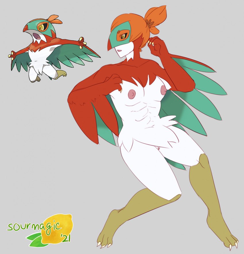 abs anthro athletic breasts claws feathers female genitals green_body green_feathers hair mask muscular nipples nude orange_hair pussy red_body red_feathers small_breasts solo white_body white_skin wings yellow_body yellow_eyes yellow_skin bittervow nintendo pokemon generation_6_pokemon hawlucha pokemon_(species) hi_res