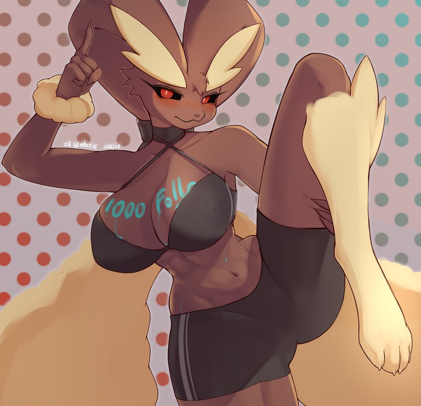 anthro big_breasts body_writing breasts brown_body brown_fur cleavage clothed clothing ears_tied female follower_number fur red_eyes simple_background solo tan_body tan_fur thick_thighs writing_on_breasts mmbct01 nintendo pokemon generation_4_pokemon lagomorph lopunny mammal pokemon_(species) absurd_res hi_res