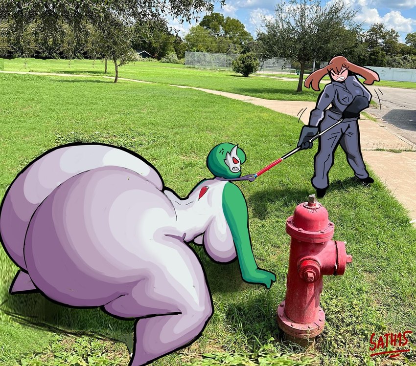 all_fours angry anthro bdsm big_breasts big_butt bottom_heavy breasts butt cloud cross-popping_vein day dominant dominant_human duo eyes_closed female fire_hydrant grass green_body green_hair green_skin hair hanging_breasts huge_breasts huge_butt humor hyper hyper_butt larger_anthro larger_female leash leash_pull looking_at_another nude outside petplay photo_background plant rear_view red_sclera roleplay size_difference sky smaller_human text thick_thighs tree white_body white_skin sath15 nintendo pokemon may_(pokemon) gardevoir generation_3_pokemon human humanoid mammal pokemon_(species) 2023 english_text photography_(artwork)