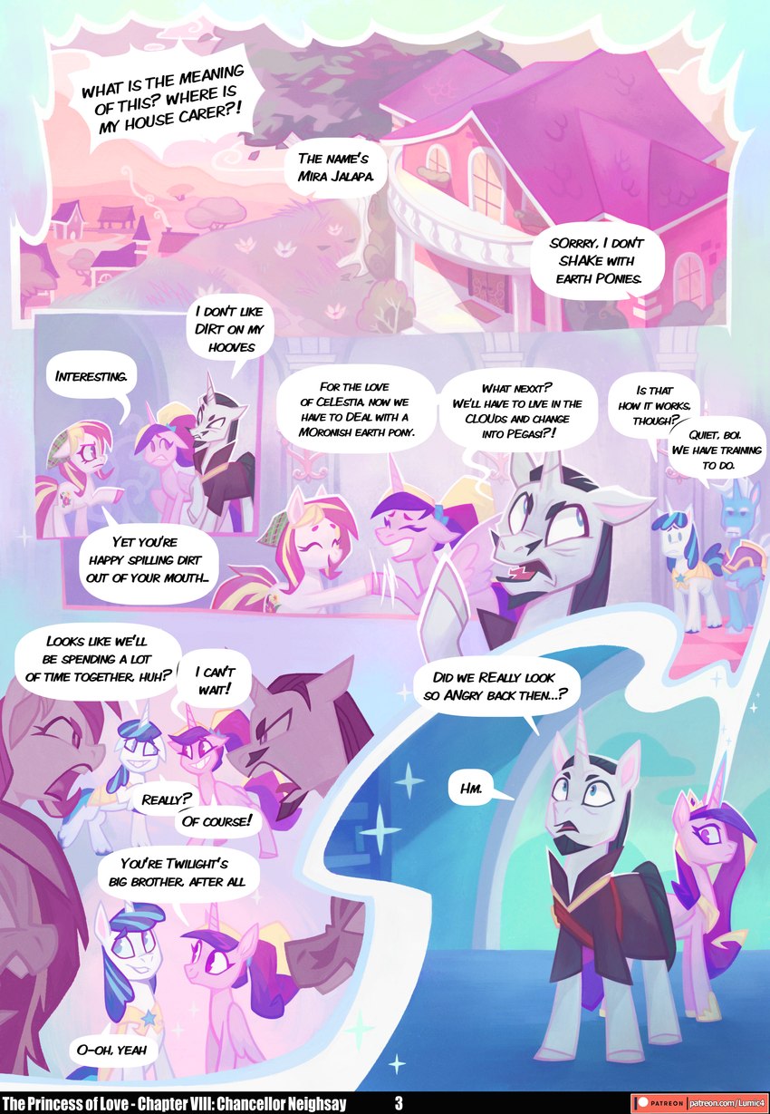 argument armor building cutie_mark ears_up eye_contact eyes_closed female feral folded_wings group hooves horn inside kerchief looking_at_another magic male memory nervous_smile open_mouth outside standing text wings chilllum friendship_is_magic hasbro my_little_pony mythology chancellor_neighsay_(mlp) mira_jalapa_(chillum) princess_cadance_(mlp) shining_armor_(mlp) earth_pony equid equine horse mammal mythological_creature mythological_equine pony unicorn winged_unicorn absurd_res english_text hi_res