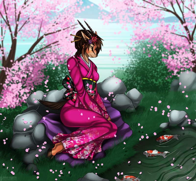 accessory anthro asian_clothing biped brown_body brown_fur brown_hair cherry_blossom clothing detailed_background dress east_asian_clothing female flower fur grass hair hair_accessory hooves horn japan japanese_clothing japanese_dress kanzashi kimono mountain nature orange_eyes outside pink_clothing pink_dress plant prunus_(flower) rock sea sitting solo water yukata eliana-asato amur_carp antelope bovid carp cyprinid cypriniform fish gazelle koi mammal marine typical_carp 2015