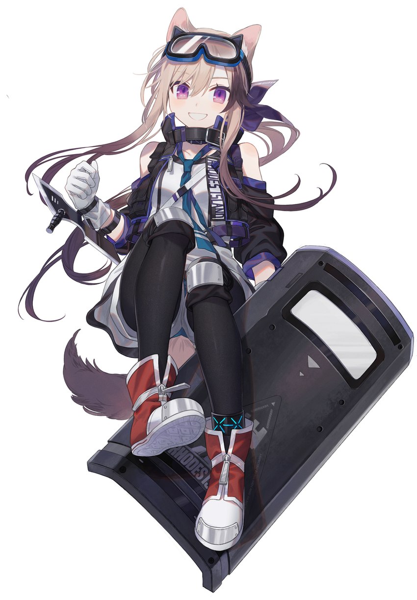 blonde_hair blush choker clothing female gloves hair handwear jacket jewelry looking_at_viewer necklace purple_eyes shield simple_background smile solo topwear white_background white_clothing white_gloves white_handwear ji_mag arknights hypergryph studio_montagne cardigan_(arknights) animal_humanoid canid canid_humanoid humanoid mammal mammal_humanoid 2021 absurd_res hi_res