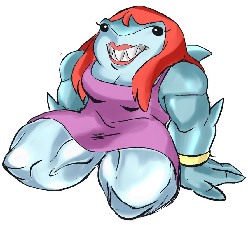 anthro breasts clothing female glossy_hair hair king lipstick makeup muscular muscular_anthro muscular_female non-mammal_breasts red_hair royalty sharp_teeth sitting sitting_on_ground solo teeth enter101 dc_comics king_shark fish hybrid marine shark