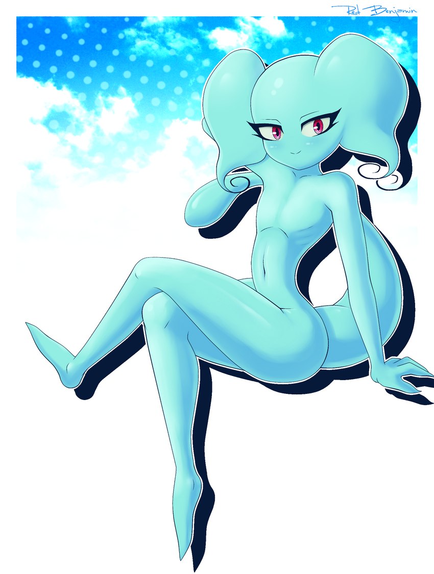 big_ears blue_body breasts butt crossed_legs crossgender eyelashes featureless_breasts featureless_feet feet female flat_chested hand_behind_head looking_at_viewer navel not_furry nude pose red_eyes ribs skinny small_waist smile solo sirredbenjamin earthbound_(series) nintendo giygas alien humanoid hi_res