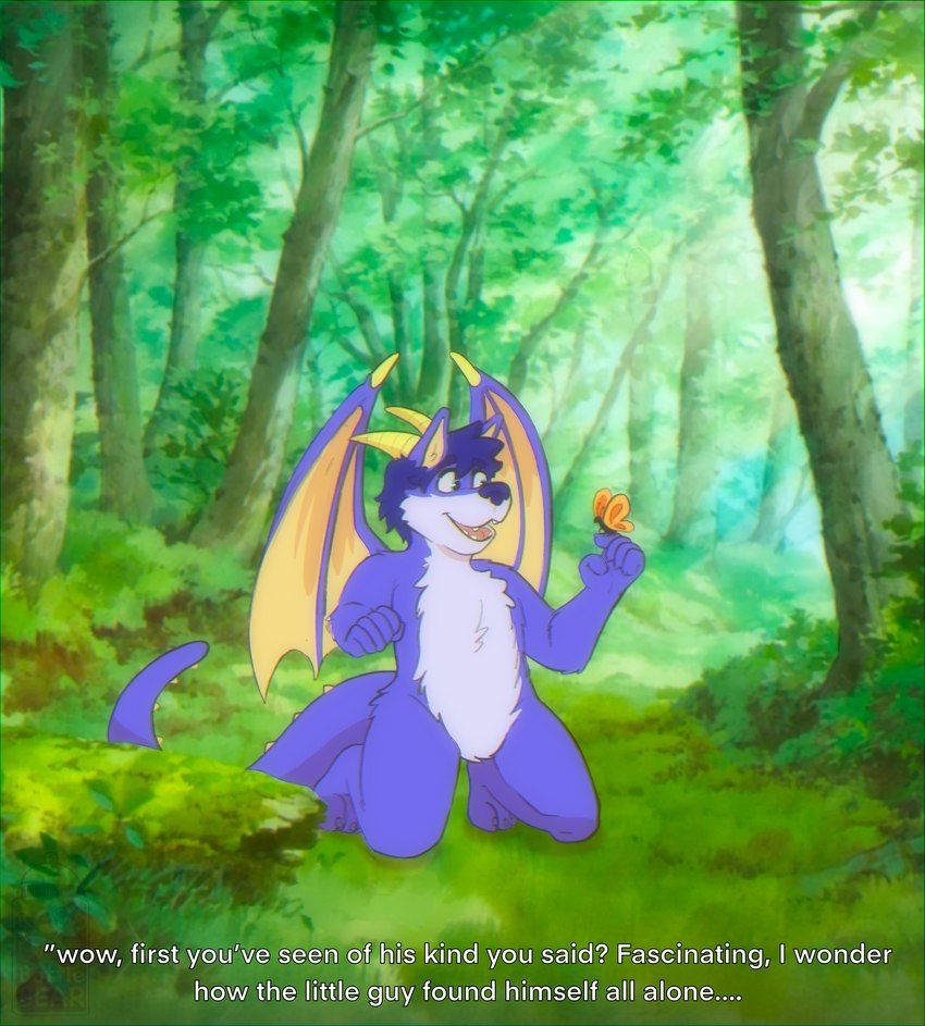 5_fingers ambiguous_gender anthro blue_hair featureless_crotch fingers forest fur hair kneeling long_tail membrane_(anatomy) membranous_wings outside plant purple_body purple_fur solo spiked_tail spikes spikes_(anatomy) tail text tree wings bottlebear mythology xeznom arthropod butterfly dragon furred_dragon furred_scalie insect lepidopteran mammal mythological_creature mythological_scalie scalie 2022 absurd_res digital_drawing_(artwork) digital_media_(artwork) english_text hi_res