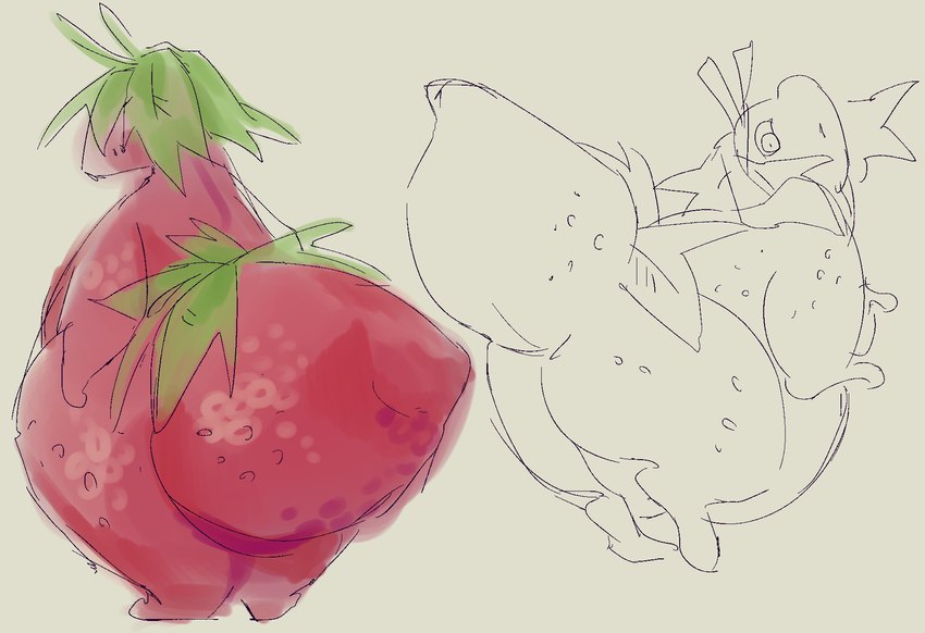 ambiguous_gender anthro berry big_tail biped food fruit leaves_on_body looking_away looking_back nude overweight plant rear_view red_body seed simple_background solo strawberry tail white_background rogdona frutilla_(rogdona) food_creature digital_drawing_(artwork) digital_media_(artwork) hi_res