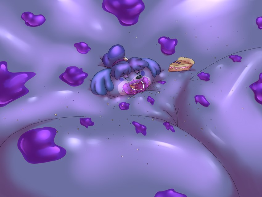 anthro big_breasts black_nose blue_body blue_ears blue_hair blueberry_(fruit) blueberry_inflation breasts crumbs eyes_closed female food food_on_body fruit hair happy huge_breasts huge_cheeks hyper hyper_breasts immobile inflation messy open_mouth open_smile pie_(food) plant purple_cheeks purple_hairband smile solo teeth_showing po-charii_hoshii_(artist) animal_crossing nintendo isabelle_(animal_crossing) canid canine canis domestic_dog mammal shih_tzu toy_dog 2022 absurd_res bust_portrait colored digital_media_(artwork) hi_res portrait shaded