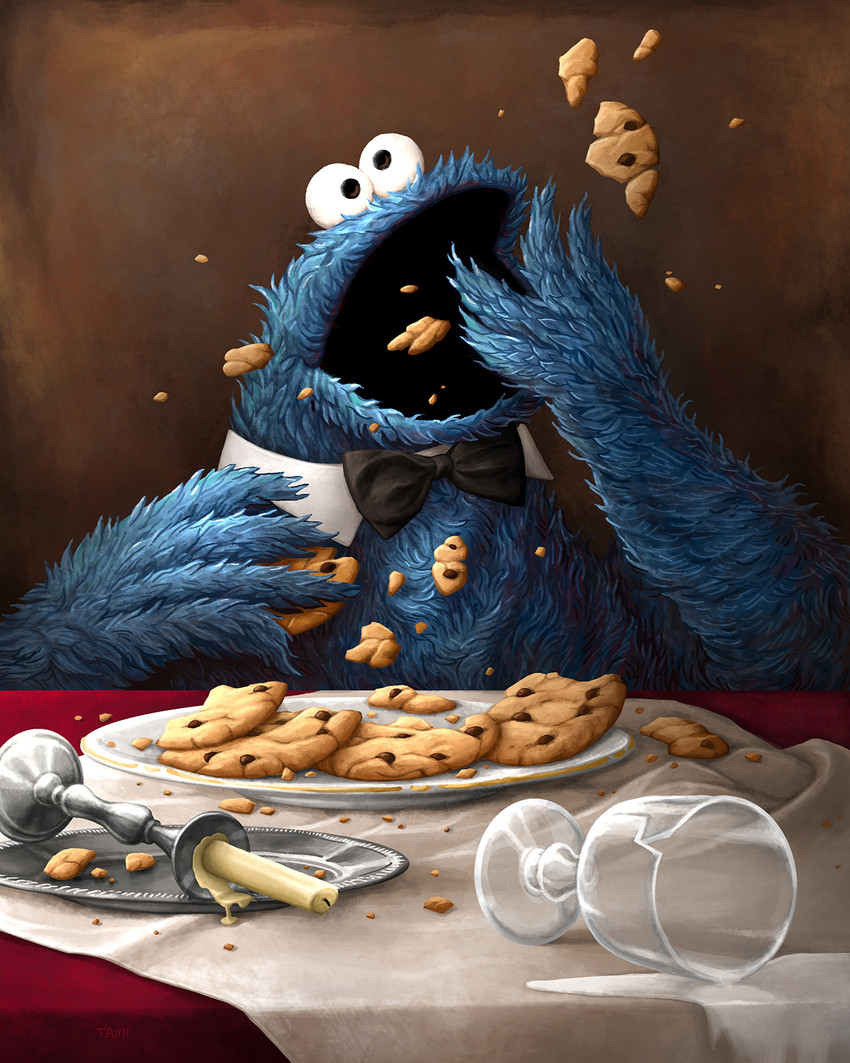 anthro beverage blue_body blue_fur bow_tie broken_cup broken_glass brown_background candle cloth container cookie cup date drinking_glass eating food fur furniture glass glass_container glass_cup male male_anthro messy open_mouth plate simple_background sitting solo spill table tablecloth wax wine_glass tamiwicinas pbs sesame_street cookie_monster monster 2019 4:5 hi_res portrait