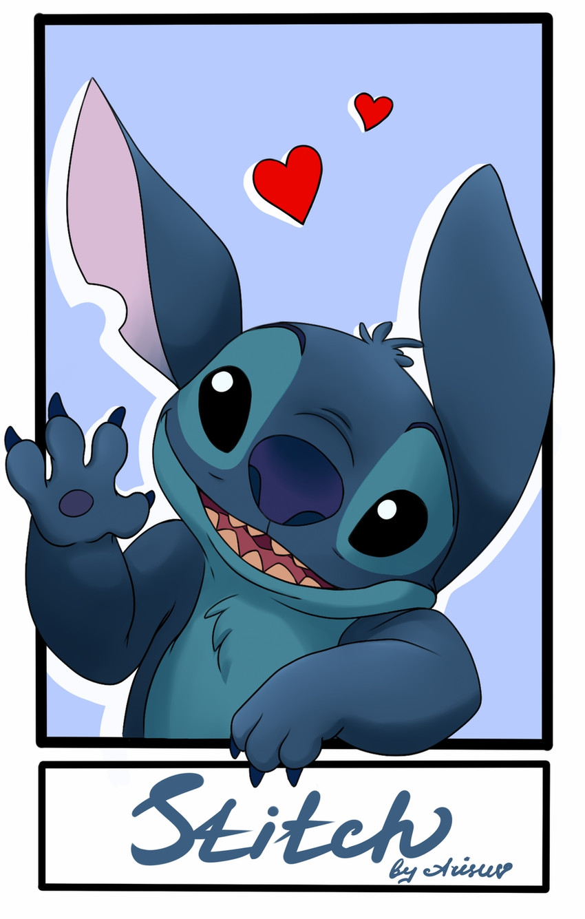 4_fingers black_eyes blue_body blue_claws blue_fur blue_nose blue_pawpads chest_tuft claws fingers fur gesture head_tuft heart_symbol open_mouth open_smile pawpads simple_background smile solo text tuft waving nemushiffer disney lilo_and_stitch stitch_(lilo_and_stitch) alien experiment_(lilo_and_stitch) 2020 character_name hi_res