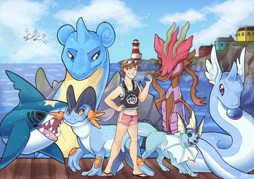 ambiguous_gender biped blue_body brown_hair clothed clothing cloud countershade_neck countershade_torso countershading eyebrows female feral fin group hair open_mouth open_smile quadruped smile aevris nintendo pokemon avian dragonair eeveelution generation_1_pokemon generation_3_pokemon human lapras mammal marine pokemon_(species) sharpedo swampert vaporeon absurd_res hi_res