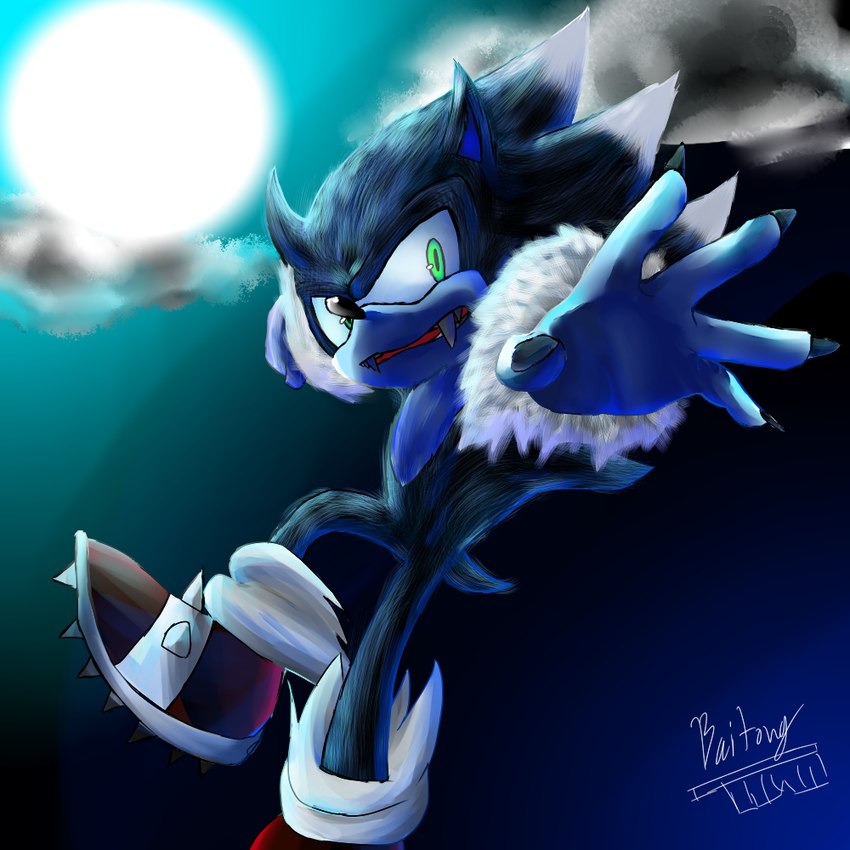 5_fingers anthro black_nose blue_body blue_fur claws clothing cloud fangs finger_claws fingers footwear full_moon fur green_eyes looking_at_viewer male moon night open_mouth pose shoes solo spiked_clothing spiked_footwear spiked_shoes spikes teeth baitong9194 sega sonic_the_hedgehog_(series) sonic_unleashed sonic_the_hedgehog sonic_the_werehog eulipotyphlan hedgehog mammal werecreature wereeulipotyphlan werehog 1:1 2012 digital_media_(artwork) digital_painting_(artwork) signature