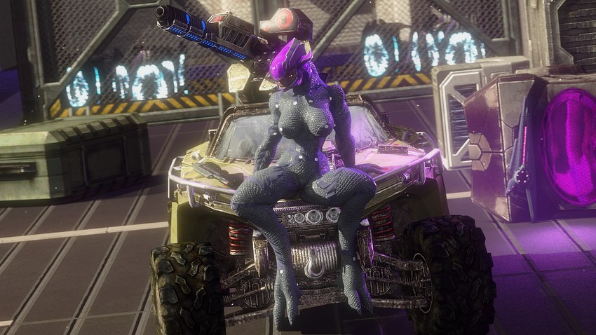 bodysuit breasts clothed_breasts clothing female science_fiction sitting_on_car skinsuit smile smiling_at_viewer spread_legs spreading tight_clothing vehicle yellow_eyes bravo44_(artist) rookie425 halo_(series) microsoft xbox_game_studios alien sangheili 16:9 hi_res widescreen