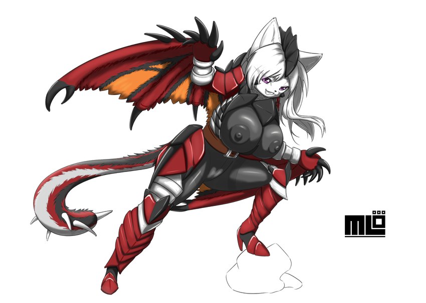 armor big_breasts boots breasts clothing exercise female footwear fur high_heeled_boots high_heels legwear nipples purple_eyes shoes socks solo tights white_body white_fur mi_lan capcom monster_hunter milan_(mi_lan) felid feline mammal absurd_res hi_res