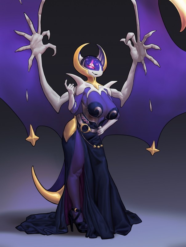 anthro beckoning bedroom_eyes big_breasts biped breasts claws cleavage clothed clothing colored_nails crescent_moon dress feet female footwear gesture gloves glowing glowing_eyes half-closed_eyes hand_on_hip handwear high_heels looking_at_viewer membrane_(anatomy) membranous_wings moon nails narrowed_eyes open_mouth open_smile pokemorph purple_body purple_skin purple_wings seductive shoes side_slit side_slit_clothing side_slit_dress simple_background skimpy smile solo spread_wings standing star thick_thighs toe_claws toes wings blazingifrit nintendo pokemon generation_7_pokemon legendary_pokemon lunala pokemon_(species) absurd_res digital_media_(artwork) full-length_portrait hi_res portrait source_request