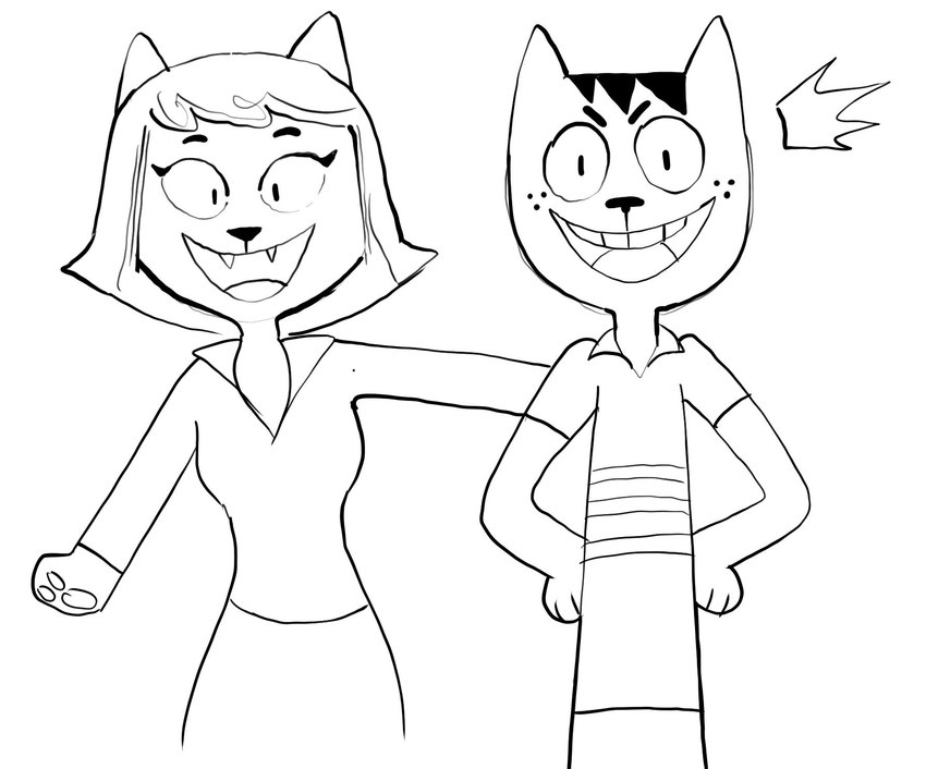 anthro clothed clothing duo female hair male open_mouth short_hair simple_background smile creator_ant a_kitty_bobo_show kitty_bobo maggie_(kitty_bobo) domestic_cat felid feline felis mammal black_and_white hi_res monochrome