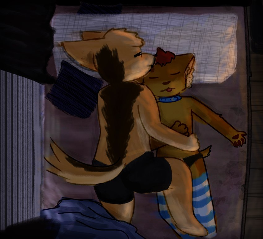 4_toes anthro anthro_on_anthro barefoot bed bedding biped blanket blep blue_clothing body_pillow brown_body brown_fur clothed clothing collar countershade_fur countershading cuddling duo dyed_fur feet footwear fur furniture hand_on_belly handpaw headpat high-angle_view highlights_(coloring) holding_another holding_head inside legwear lying lying_on_another male male/male mostly_nude night on_back on_bed on_side partially_clothed pawpads paws pillow romantic romantic_couple sleeping socks thigh_highs thigh_socks toes tongue tongue_out underwear underwear_only window aethrys dogelore icee_(aethrys) picklface akita akita_inu canid canine canis domestic_dog mammal shiba_inu spitz 2024 digital_drawing_(artwork) digital_media_(artwork) shaded