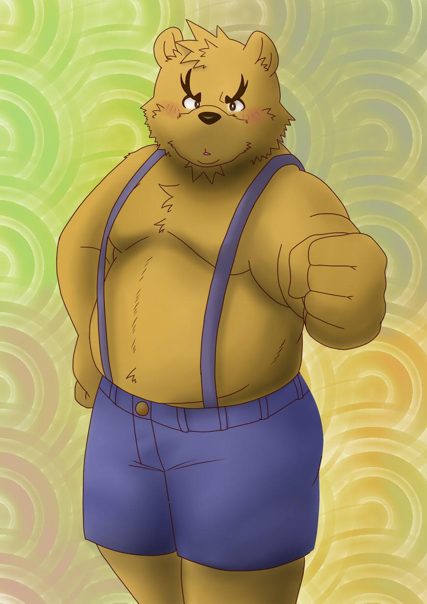 anthro belly blush bottomwear brown_body brown_fur clothing fur humanoid_hands kemono male moobs shorts slightly_chubby solo kuma_(pixiv_881259) kumadasi bear mammal 2009 hi_res