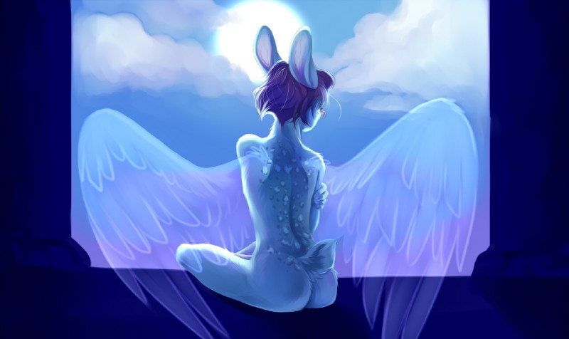 ambiguous_gender anthro blue_body blue_fur butt casual_nudity eyewear feathered_wings feathers fluffy fluffy_tail fur glasses hair nude purple_hair rear_view solo tail translucent translucent_wings wings demicoeur lagomorph mammal skvader 2012 digital_media_(artwork)