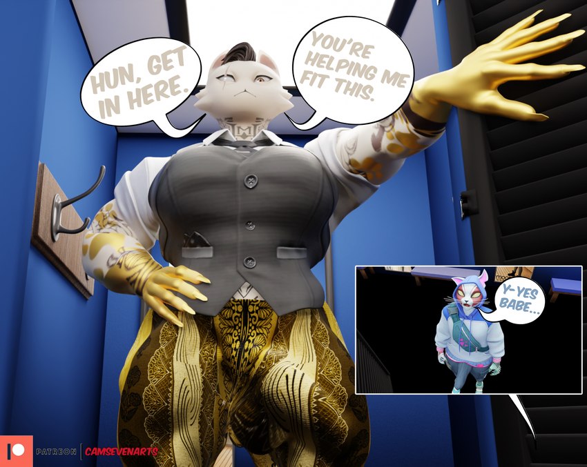 5_fingers anthro biped black_hair bulge cheek_tuft closed_smile clothing cybernetic_hand cybernetics detailed_bulge dialogue duo empty_eyes eye_scar facial_scar facial_tuft fingers fur fur_tuft furgonomic_hoodie furgonomics genital_outline gold_body hair hand_on_hip machine male mouth_closed multicolored_body multicolored_fur notched_ear open_mouth patreon_logo penis_outline pink_inner_ear red_body red_fur scar smile solo_focus speech_bubble talking_to_another talking_to_partner text topwear tuft vest whiskers white_body white_fur yellow_eyes camseven nes67911_(modeler) asian_mythology east_asian_mythology epic_games forbidden_pants fortnite japanese_mythology mythology patreon meowdas nyanja_(fortnite) domestic_cat felid feline felis mammal nekomata yokai 3d_(artwork) digital_media_(artwork) english_text hi_res