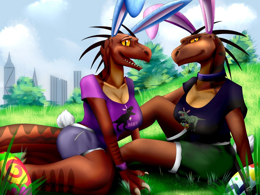 anthro biped breasts cleavage clothed clothing detailed_background duo female female/female holidays looking_at_viewer nature outside blueondrive easter rift_seekers_saga shaaux_kautner zahra_borngen dinosaur prehistoric_species reptile scalie 4:3 digital_media_(artwork) shaded soft_shading