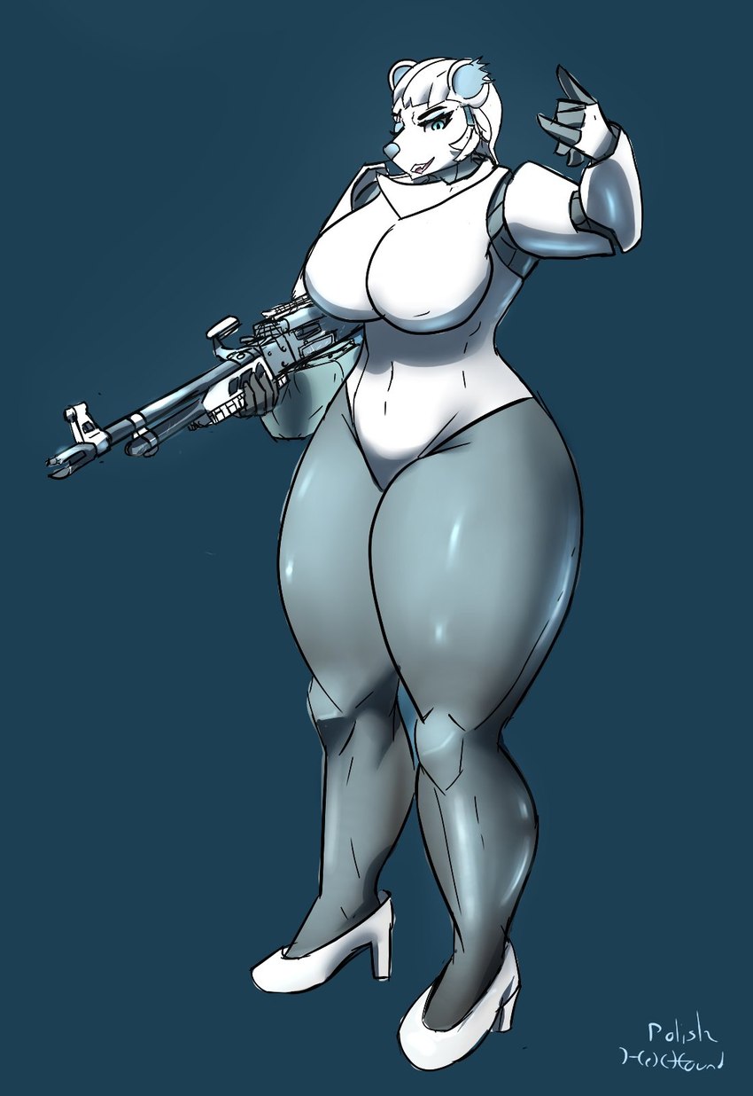 anthro big_breasts breasts clothing cosplay female footwear fur gun high_heels holding_object holding_weapon looking_at_viewer ranged_weapon shoes simple_background solo standing thick_thighs weapon white_body white_clothing white_fur hellpup_(artist) haydee_(game) haydee vasilisa_samusenko_(hellpup) bear mammal ursine 2022 hi_res