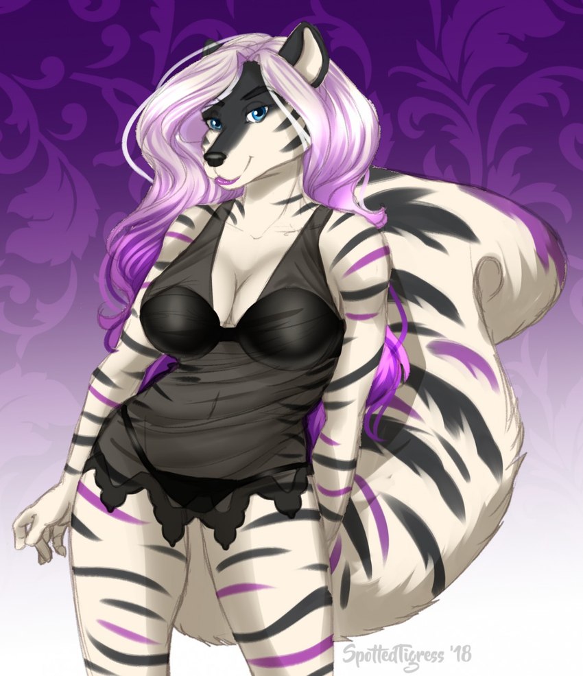 anthro black_body black_bra black_clothing black_fur black_nose black_panties black_underwear blue_eyes bra clothed clothing female front_view fur gradient_hair hair looking_at_viewer markings multicolored_hair panties purple_hair smile solo standing striped_arms striped_legs striped_markings striped_tail stripes tail tail_markings two_tone_hair underwear white_body white_fur white_hair tiggybloom mammal mephitid skunk 2018 dated hi_res portrait signature three-quarter_portrait