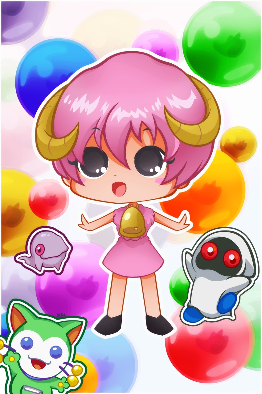 bell black_eyes blue_eyes blush bubble clothing daww dress fur green_body green_fur group hair horn male pink_hair red_eyes short_hair whiskers white_body white_fur cibia bubble_bobble bust-a-move chack'n_pop puzzle_bobble square_enix taito packy woolen animal_humanoid bovid bovid_humanoid caprine caprine_humanoid domestic_cat felid feline felis ghost humanoid maita mammal mammal_humanoid monsta sheep_humanoid spirit 2:3 hi_res