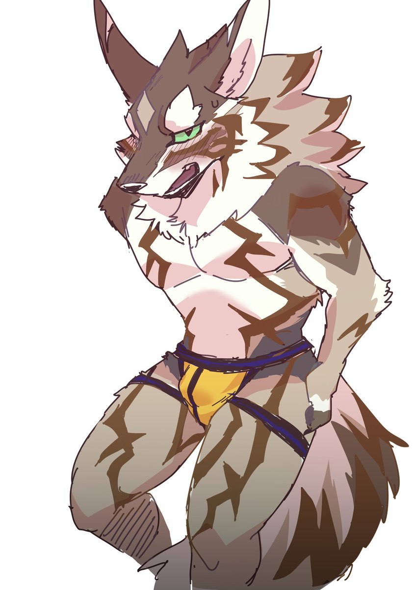 anthro brown_body brown_fur bulge clothed clothing fur green_eyes jockstrap jockstrap_only looking_at_viewer male multicolored_body multicolored_fur solo striped_body striped_fur stripes tail topless underwear underwear_only white_body white_fur nokia1124_a lifewonders tokyo_afterschool_summoners seth_(tas) canid canine canis jackal mammal 2024 hi_res