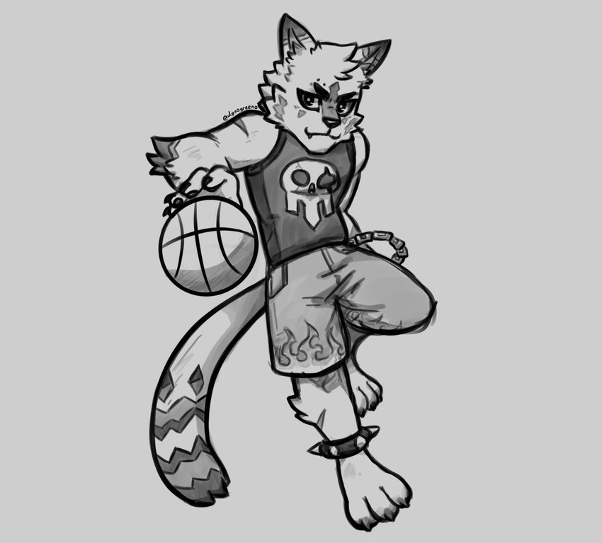 anklet anthro barefoot basketball bone bottomwear clothing feet fire jewelry male shirt shorts skull skull_head solo sport tank_top topwear dynogreeno felid feline mammal hi_res monochrome