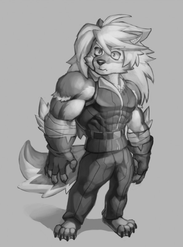 abs anthro belt biceps bottomwear clothing fingerless_gloves fur gloves hair handwear male muscular muscular_anthro muscular_male pants pecs simple_background solo standing wolfmalro cheong_hwan canid canine canis mammal wolf 2018 digital_media_(artwork) hi_res monochrome