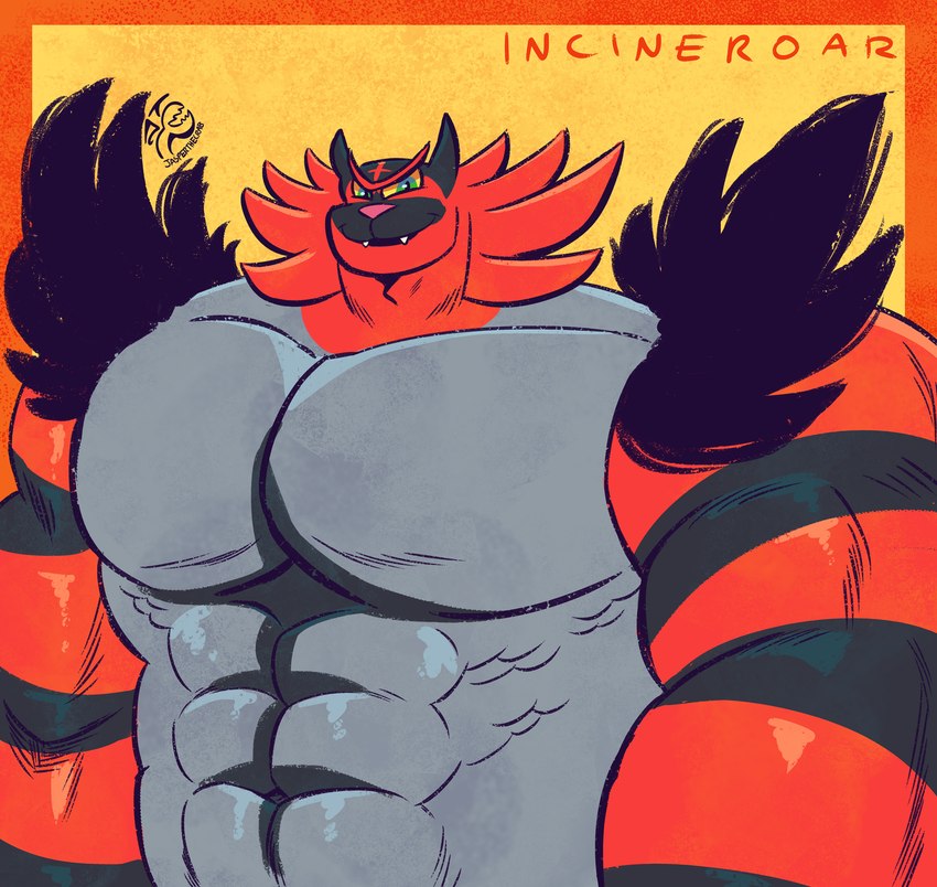 abs anthro fur grey_body grey_fur grey_stripes male markings muscular muscular_male pecs red_body red_fur solo striped_body striped_fur stripes yellow_eyes jasperthecrab nintendo pokemon felid feline generation_7_pokemon incineroar mammal pokemon_(species) hi_res