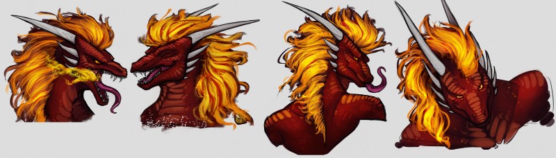 anthro fire hair horn male scales solo teeth tongue yashendwirh mythology bryaxis dragon mythological_creature mythological_scalie scalie bust_portrait hi_res portrait