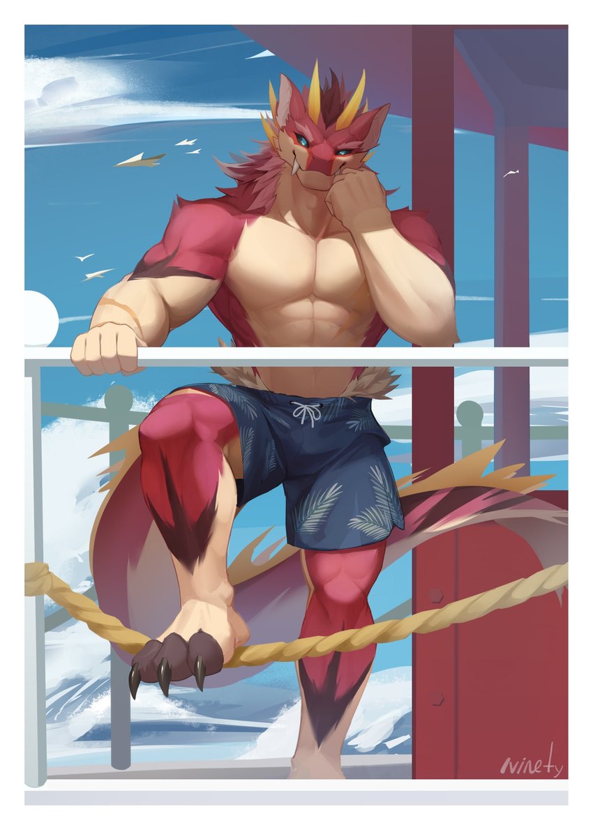 abs anthro biceps biped black_claws black_sclera blue_eyes claws clothing cloud fangs fingers foot_on_ropes fur hair hand_on_jaw holding_railing horn looking_at_viewer male markings multicolored_body outside pecs pink_body pink_fur pink_hair pink_tail sky smile smiling_at_viewer solo standing swimming_trunks swimwear tail teeth tuft two_tone_body two_tone_tail white_body white_fur white_tail yellow_horn ninety_xc mythology dragon mythological_creature mythological_scalie scalie hi_res