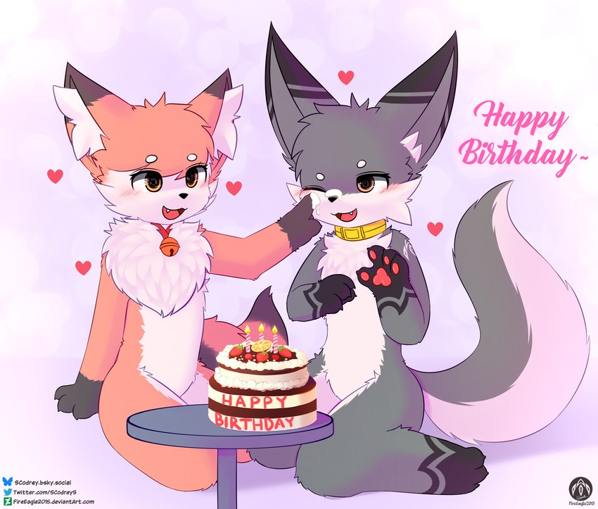 anthro bell birthday cake candle collar dessert duo female food male paws scarf sitting text senz nia_(senz) sean_(senz) canid canine fox iradeon mammal absurd_res hi_res url