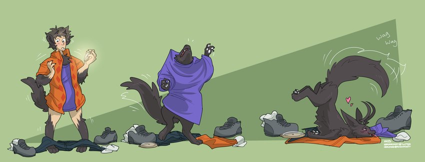 anthro ass_up biped black_body blush bottomwear bottomwear_around_legs clock clothing clothing_around_legs clothing_on_floor digitigrade fangs feral fluffy fluffy_tail footwear fur fur_growth growth half-closed_eyes happy heart_symbol horn horn_growth human_to_feral looking_down_at_self lying male motion_lines narrowed_eyes oversized_clothing pants pants_around_legs pawpads pocketwatch pupils quadruped semi-anthro shirt shoes shrinking size_transformation socks solo species_transformation standing tail tail_growth tail_motion tailwag teeth text tongue tongue_out topwear transformation tuft watch white_pawpads wide_crotch year hhazard demon human mammal 2023 artist_name colored hi_res shaded