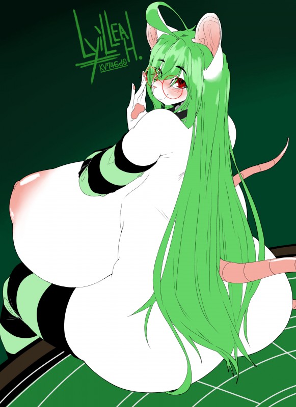 anthro arm_warmers armwear big_breasts big_butt biped blush breasts butt clothing curvy_figure eyewear female glasses huge_breasts hyper hyper_breasts legwear looking_at_viewer looking_back nipples sitting solo thigh_highs voluptuous opqhlak mammal mouse murid murine rodent absurd_res hi_res