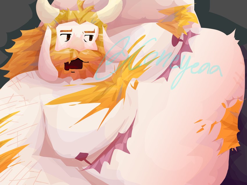 anthro armpit_hair beard belly blonde_hair body_hair bottomwear chest_hair clothing facial_hair hair horn long_ears long_hair lying male mastectomy_scar moobs nipples obese obese_male on_side overweight overweight_male pants scar self-harm_scars shirtless_male solo stretch_marks coneyeaa undertale_(series) asgore_dreemurr bovid caprine goat mammal 2024 4:3 colored digital_media_(artwork) hi_res signature