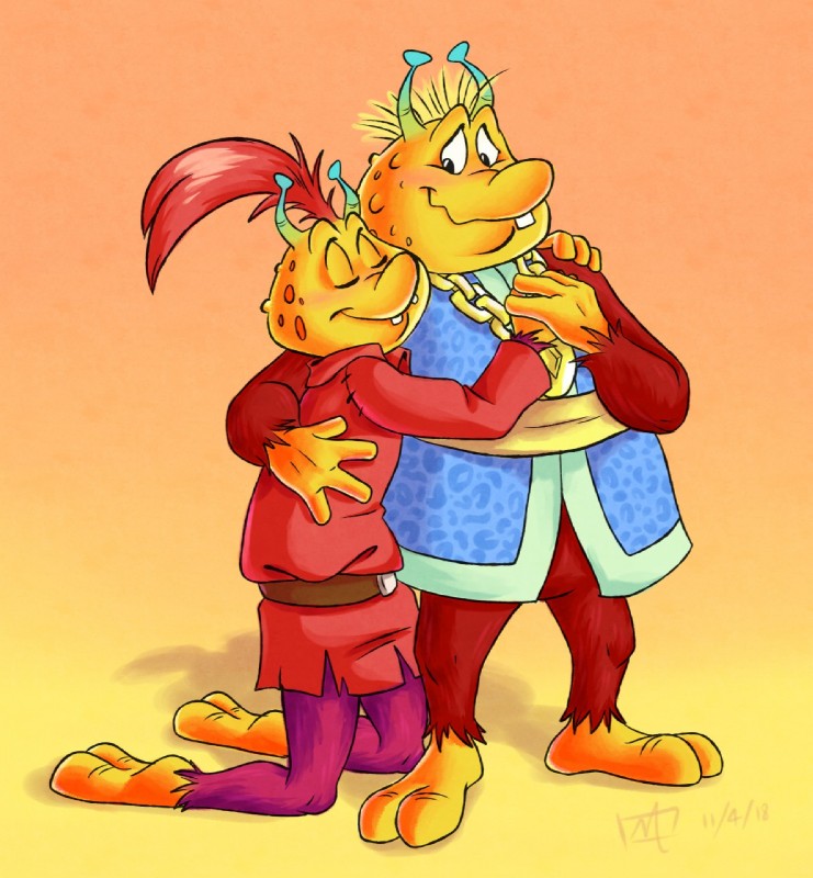 blush clothed clothing duo eyes_closed fur hair horn hug male not_furry simple_background smile conditional_dnp mikurulucky teddy_ruxpin_(series) alien alien_humanoid grunge_(teddy_ruxpin) humanoid digital_media_(artwork) hi_res