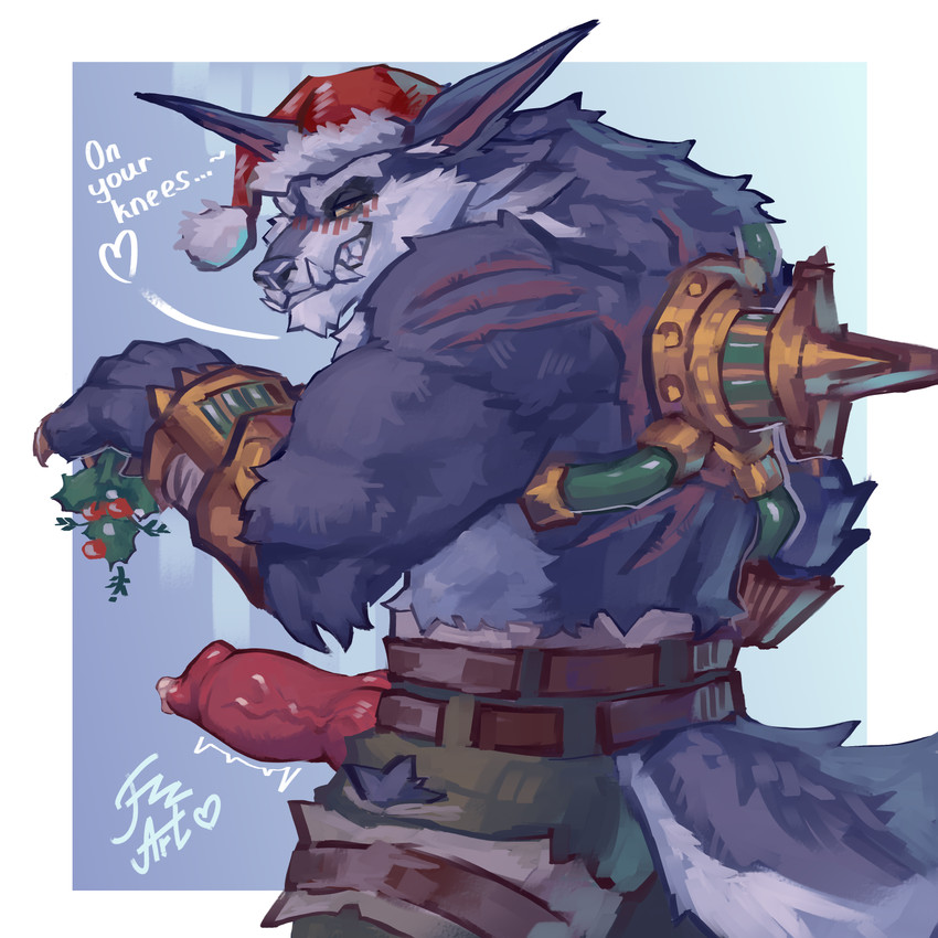 anthro blush blush_lines bodily_fluids christmas_clothing christmas_headwear clothing cum genital_fluids genitals hat headgear headwear holidays knot knotted_penis leaking_cum leaking_precum male male/male penis precum santa_hat solo teasing teasing_viewer faurenzzart christmas league_of_legends mythology riot_games tencent warwick_(lol) canid canine canis mammal mythological_canine mythological_creature werecanid werecanine werecreature werewolf wolf 1:1 absurd_res hi_res