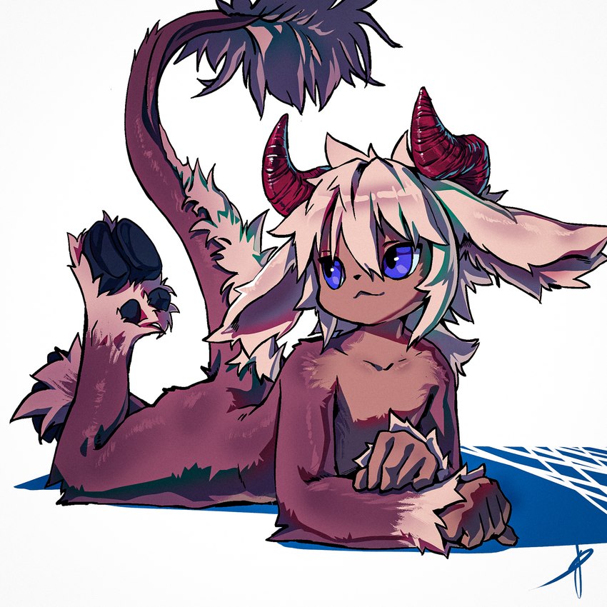 anthro blonde_hair butt cloven_hooves curved_horn foot_tuft fur hair hairless_hands hooves horn long_tail looking_back male male_anthro nude purple_body purple_eyes purple_fur raised_leg raised_tail red_horn simple_background smile solo tail tail_mane tail_tuft tuft white_background young young_anthro young_male blaedic jewish_mythology mythology ion_clover bovid bovine mammal mythological_behemoth 1:1 2021 hi_res portrait