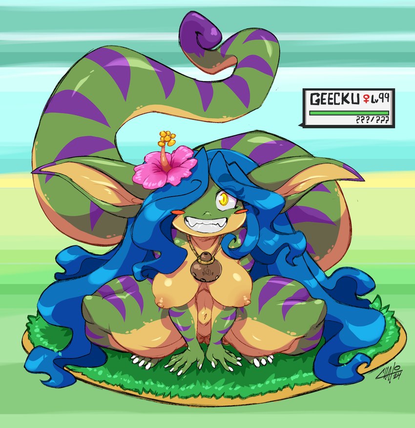 anthro areola blue_hair breasts crouching featureless_crotch female flower grass hair looking_at_viewer musical_instrument navel nipples nude nude_anthro ocarina plant smile solo spread_legs spreading stripes teeth text wind_instrument yellow_eyes chalo geecku gecko lizard reptile scalie 2024 hi_res