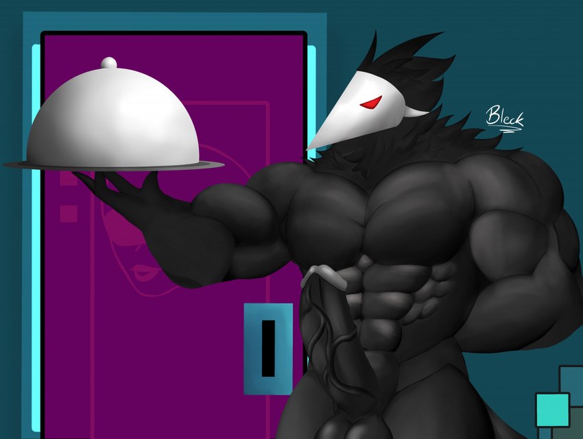 abs anthro genitals humanoid_genitalia humanoid_penis male muscular muscular_male nude penis red_eyes serving serving_tray solo vein veiny_penis waiter blecksart deltarune undertale_(series) animal_humanoid avian avian_humanoid humanoid swatchling