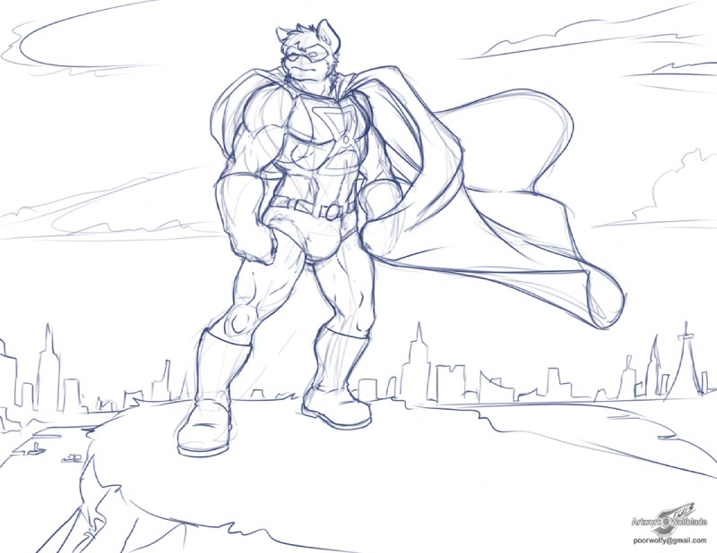 anthro belt boots cape city cityscape clothing footwear gloves handwear heroic_pose male mask muscular muscular_anthro muscular_male outside shoes solo standing superhero tight_clothing wolfblade timewarp_(character) alaskan_malamute canid canine canis domestic_dog mammal nordic_sled_dog spitz black_and_white monochrome sketch