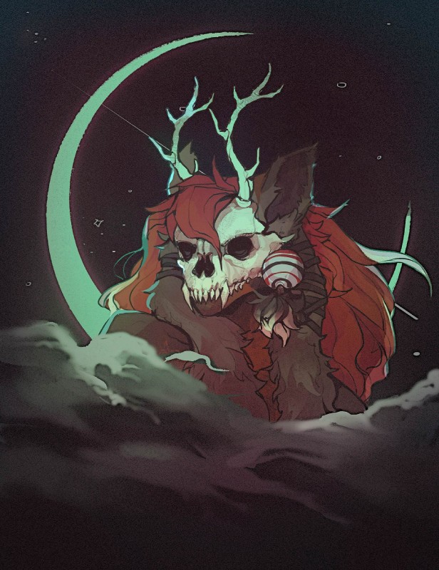 ambiguous_gender antlers bone cloud hair horn mask moon red_hair skull solo bananajeff sinica canid canine cross_fox fox mammal red_fox true_fox hi_res