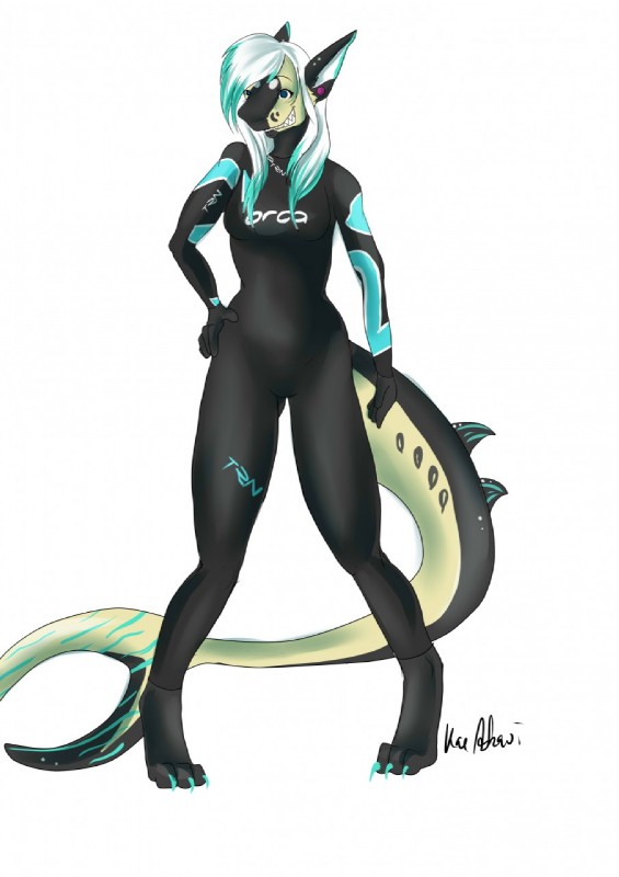 anthro clothing female solo swimwear wetsuit kaeaskavi canid canine fish hybrid mammal marine shark hi_res