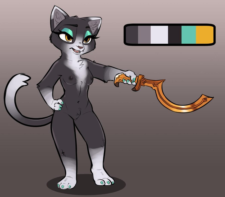 anthro black_body black_fur breasts casual_nudity crotch_tuft eyeshadow featureless_crotch female fur hand_on_hip holding_melee_weapon holding_object holding_sword holding_weapon khopesh makeup melee_weapon nipples solo standing sword tail tuft weapon siroc domestic_cat felid feline felis mammal 2019 full-length_portrait portrait