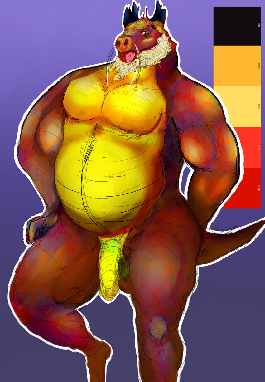 anthro balls flaccid genitals horn male overweight overweight_male penis solo tail 20secondstoshame mythology dragon mythological_creature mythological_scalie reptile scalie wingless_dragon hi_res