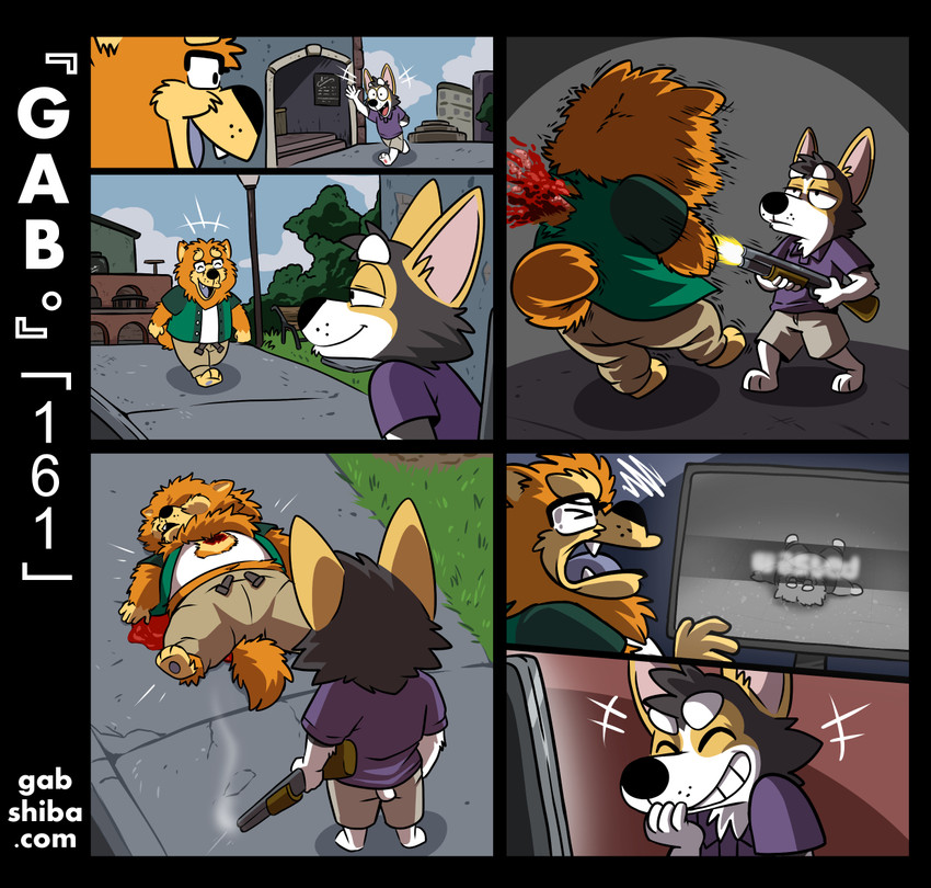 anthro blood bodily_fluids bullet_wound clothed clothing computer death duo electronics eyewear frustrated fur glasses gore grin gun heartshot holding_object holding_weapon killing male online orange_body orange_fur outside ranged_weapon smile smug walking weapon gabshiba gab_(comic) grand_theft_auto rockstar_games wasted_(meme) korg_(gabshiba) wang_chow canid canine canis chow_chow domestic_dog herding_dog mammal pastoral_dog spitz welsh_corgi comic