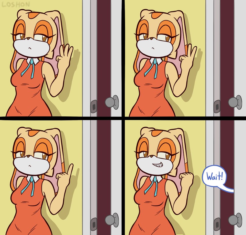 aged_up anthro biped breasts clothed clothing command command_to_wait counting counting_on_fingers dialogue door doorknob doorway dress female fingers inside offscreen_character smile solo speech_bubble talking_to_another text waiting loshon sega sonic_the_hedgehog_(series) cream_the_rabbit lagomorph leporid mammal rabbit 2022 comic digital_media_(artwork) english_text